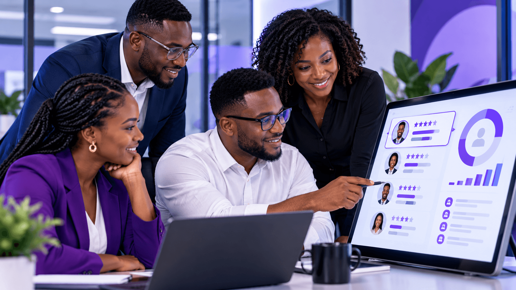 Hiring team reviewing ranked applicants on a large display